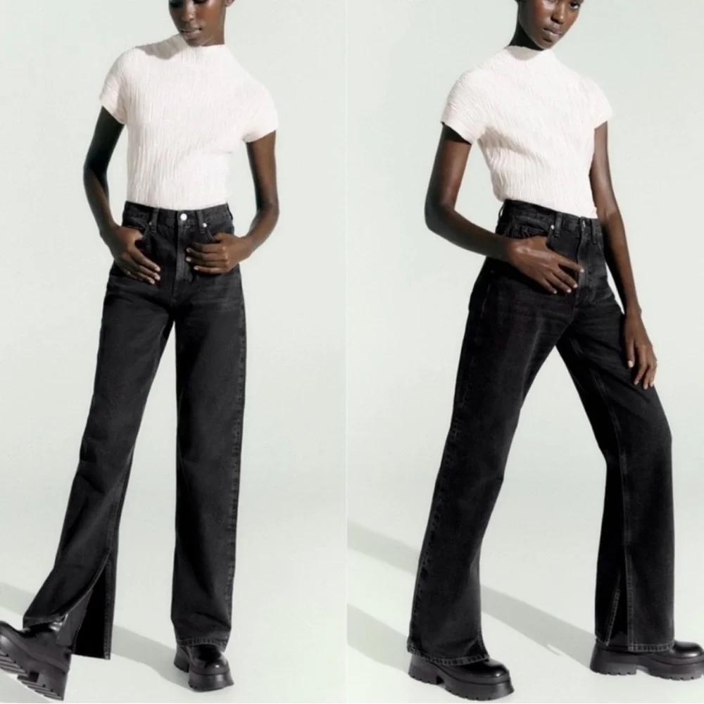 Zara Split Wide Leg TRF Black Jeans | Straight Loose, High Rise, Full Length - Picture 2 of 7